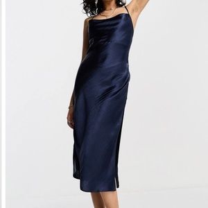 ASOS Cami MIDI Navy Slip Dress in High Shine Satin Size 6
